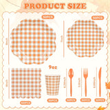 400pc Orange Gingham Tableware Set, Scalloped Plates, Cups, Napkins, Cutlery (Serves 50)