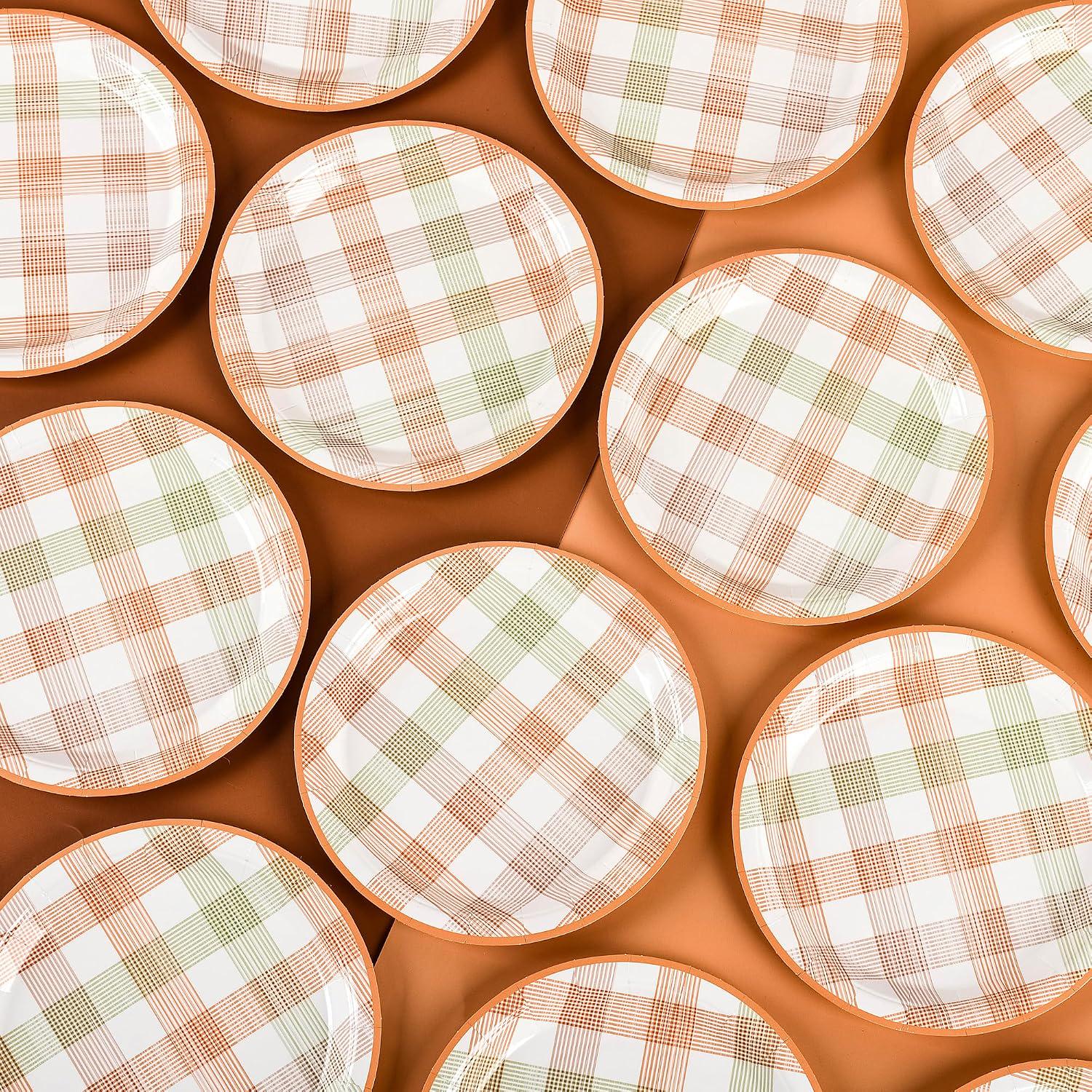 48pc Orange Gingham Fall Plates Set, 9 & 7 Inch Plaid Paper Plates (Thanksgiving Harvest Tableware)