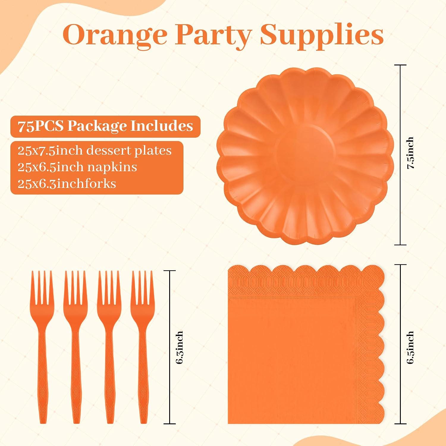 75pc Orange Scalloped Fall Tableware Set, Serves 25 Guests (Plates, Napkins, Forks)