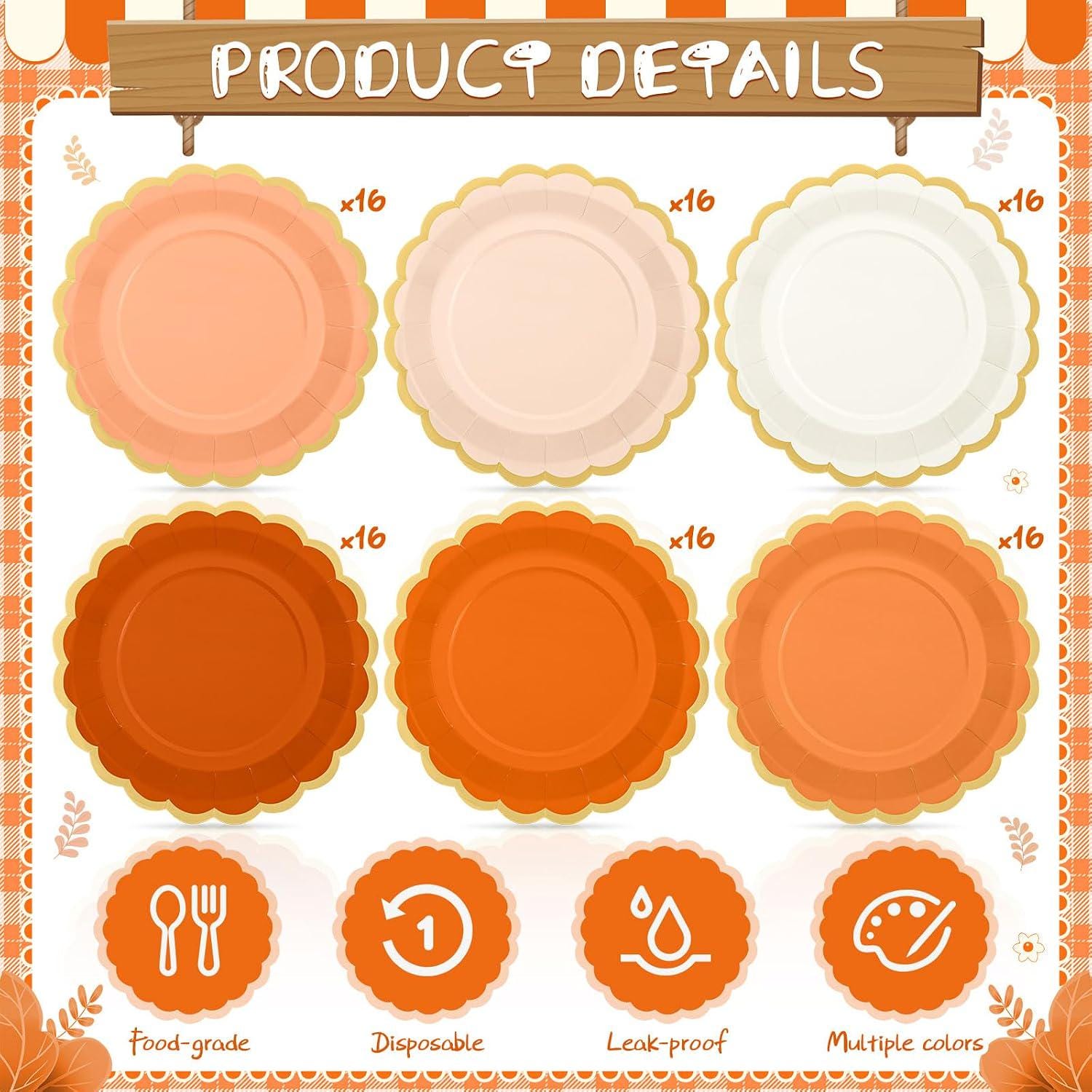 96pc Gradient Scalloped Paper Plates, Autumn Wedding Tableware (9 Inch)