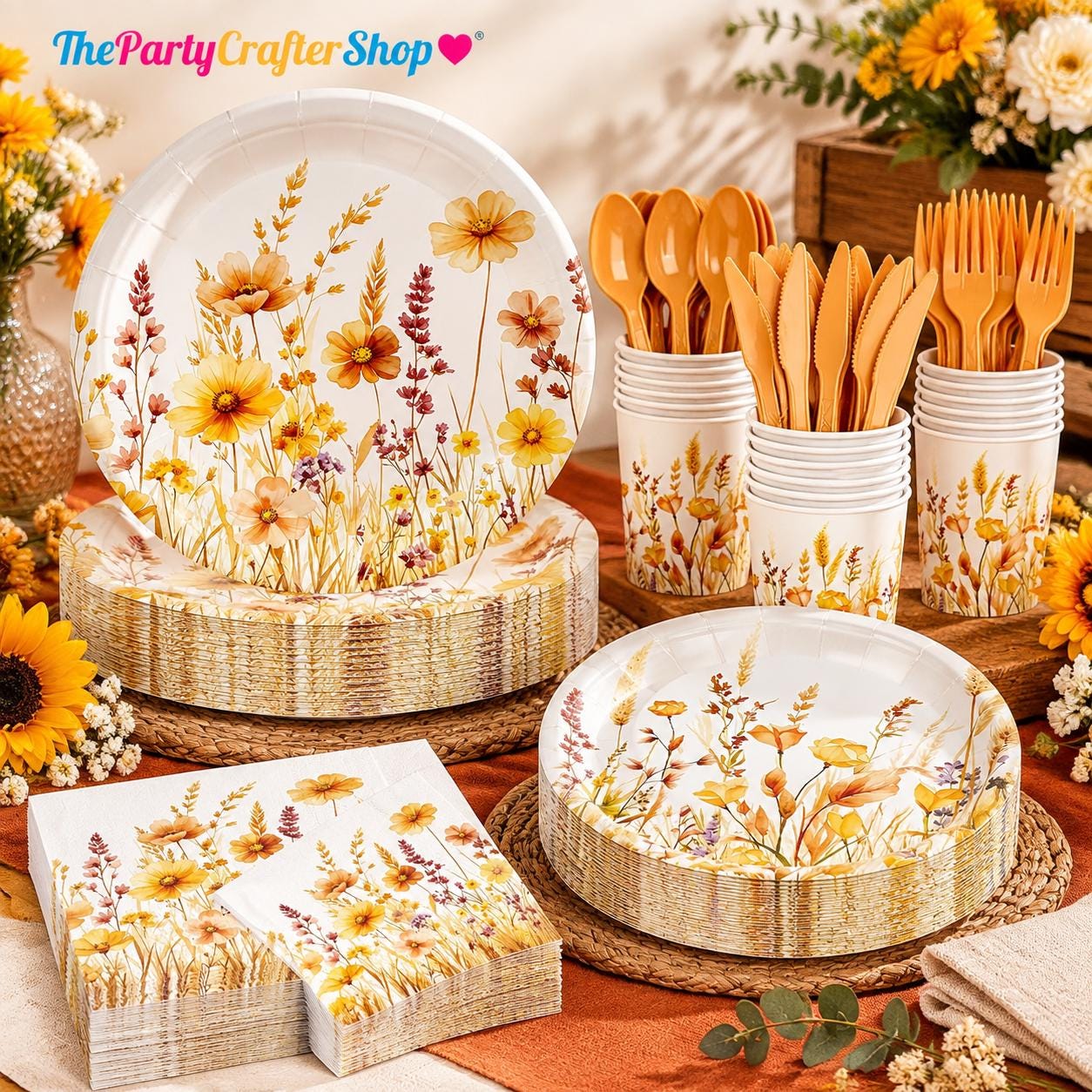 140pc Watercolor Wildflower Tableware Set, Autumn Harvest Party Decor (Serves 20)