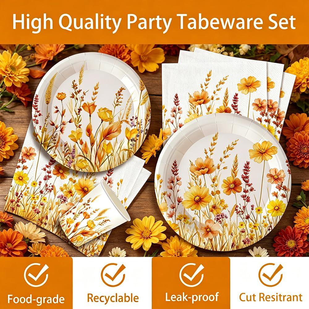 140pc Watercolor Wildflower Tableware Set, Autumn Harvest Party Decor (Serves 20)