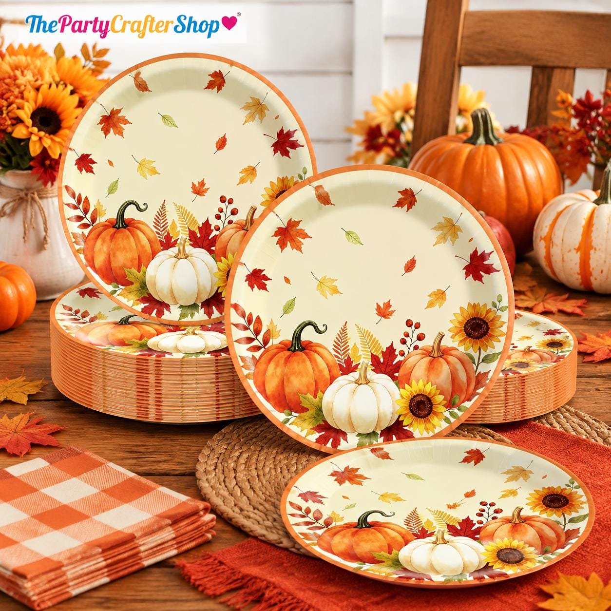 48pc Fall Pumpkin Paper Plates, 7 Inch Thanksgiving Dessert Tableware (Autumn Harvest)