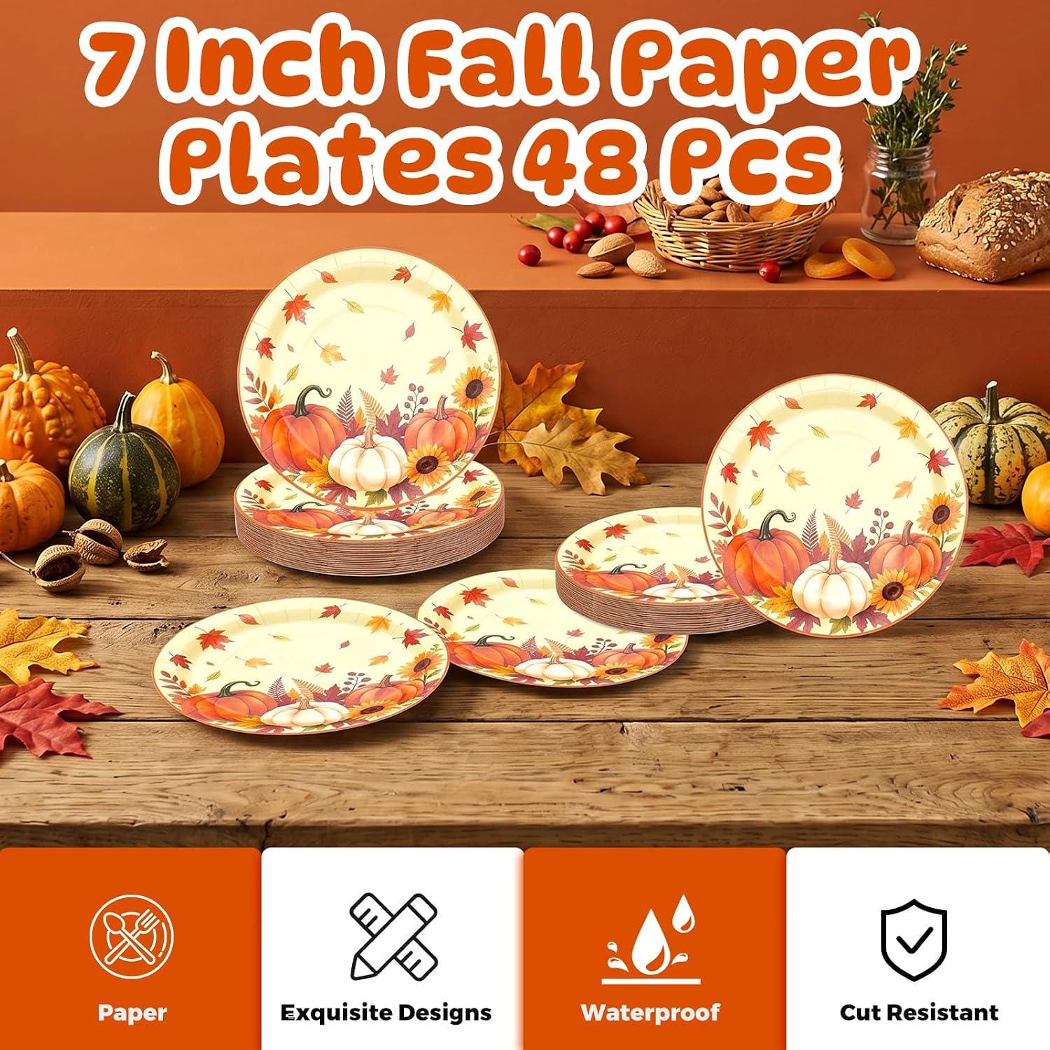 48pc Fall Pumpkin Paper Plates, 7 Inch Thanksgiving Dessert Tableware (Autumn Harvest)
