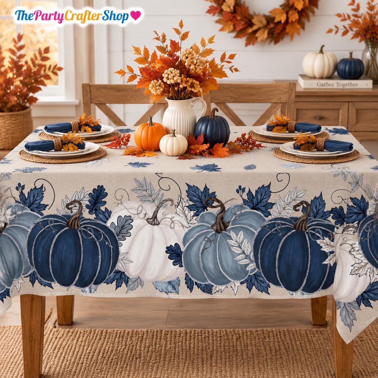 60x84 Inch Blue Pumpkin Fall Tablecloth, Washable Autumn Floral Decor