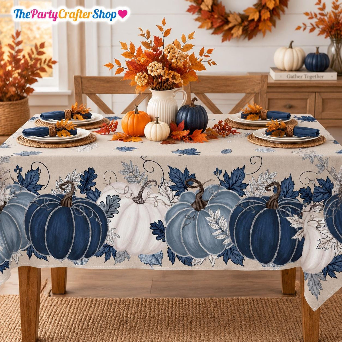 60x84 Inch Blue Pumpkin Fall Tablecloth, Washable Autumn Floral Decor
