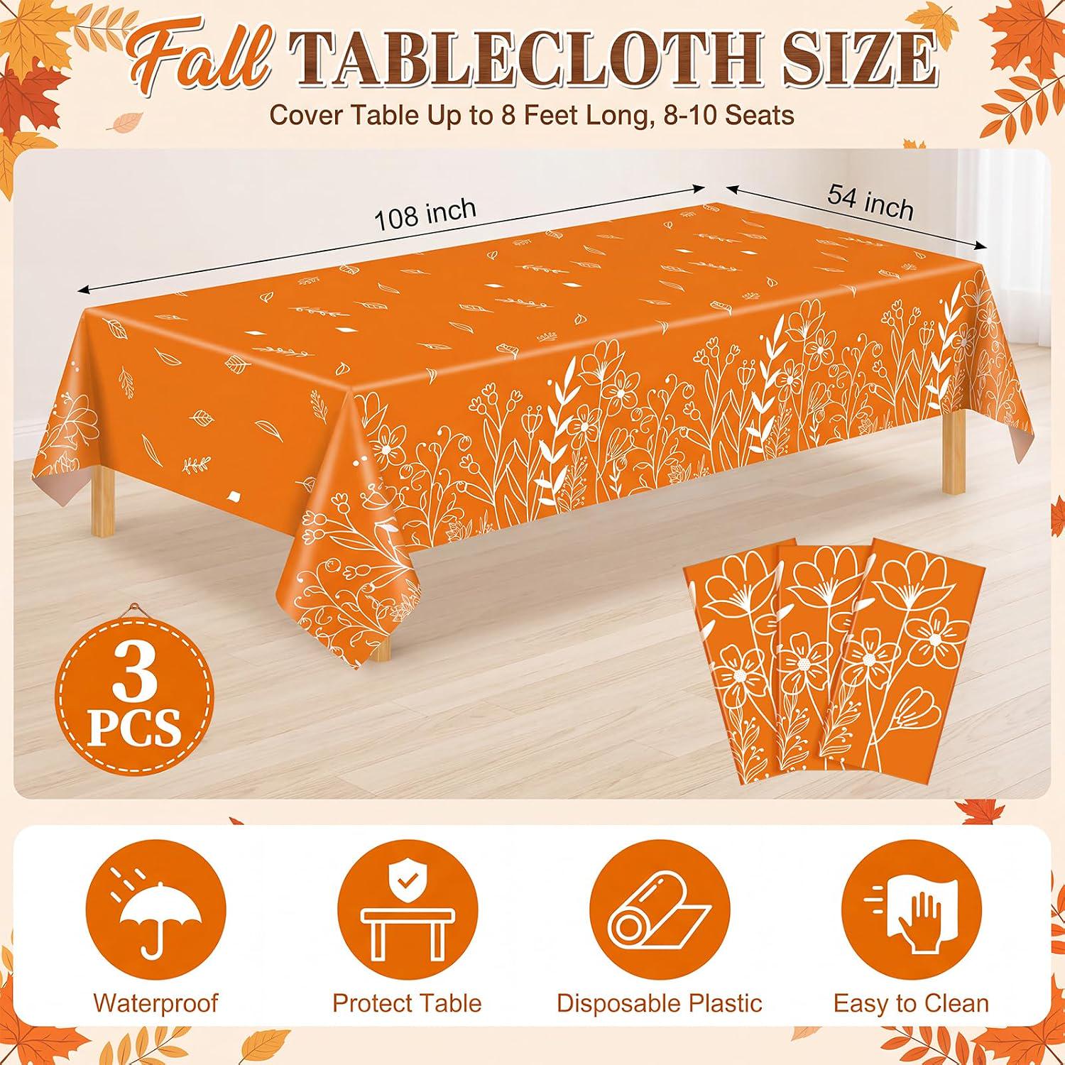 3pc Fall Floral Tablecloth Set, Orange Autumn Table Covers (54x108 Inch)