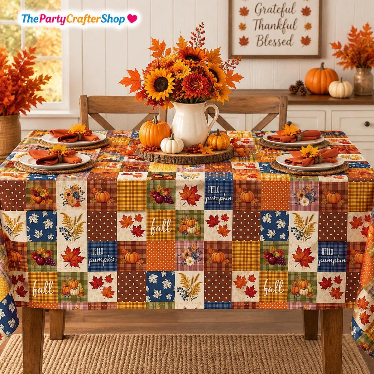 Fall Tablecloth, Autumn Maple Leaf Pumpkin Floral, Washable Polyester (60x84 Inch)