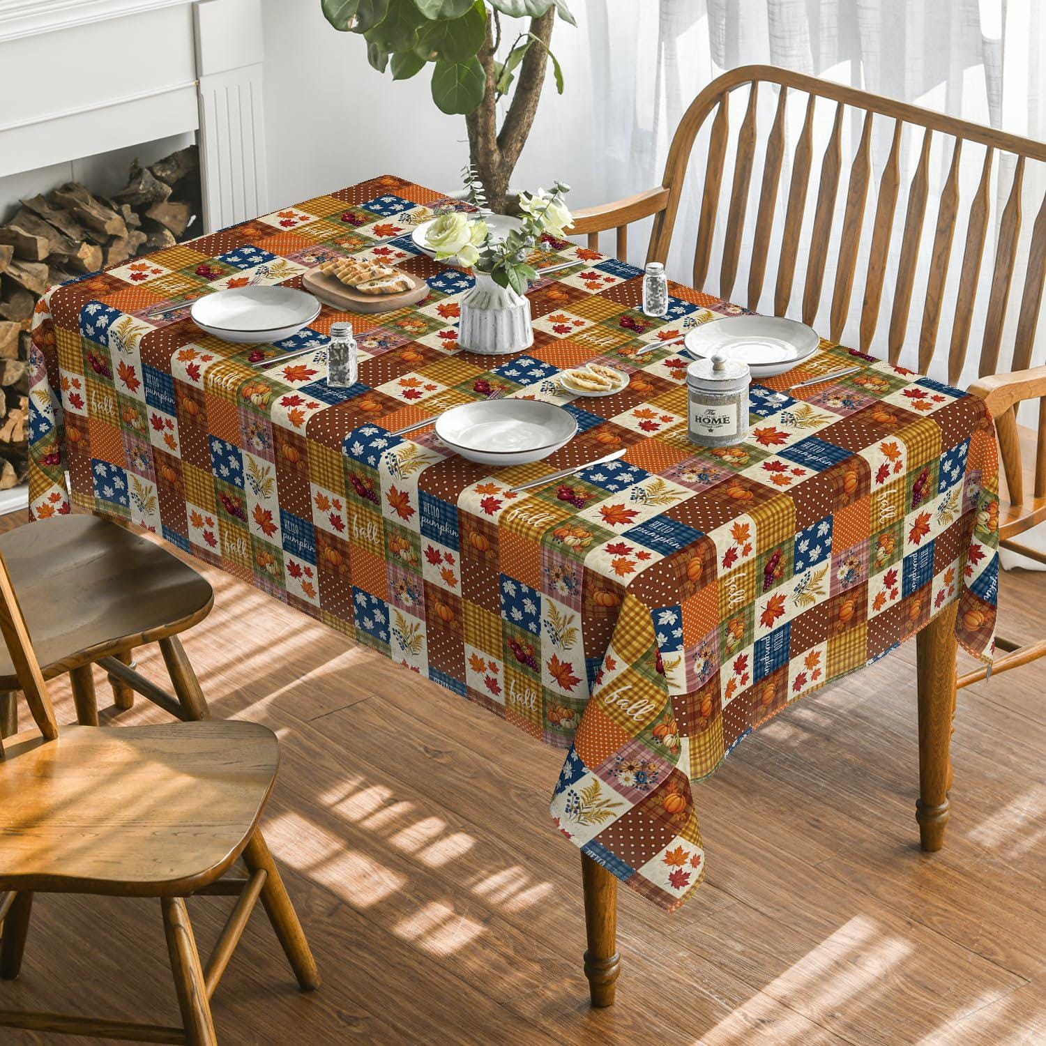 Fall Tablecloth, Autumn Maple Leaf Pumpkin Floral, Washable Polyester (60x84 Inch)
