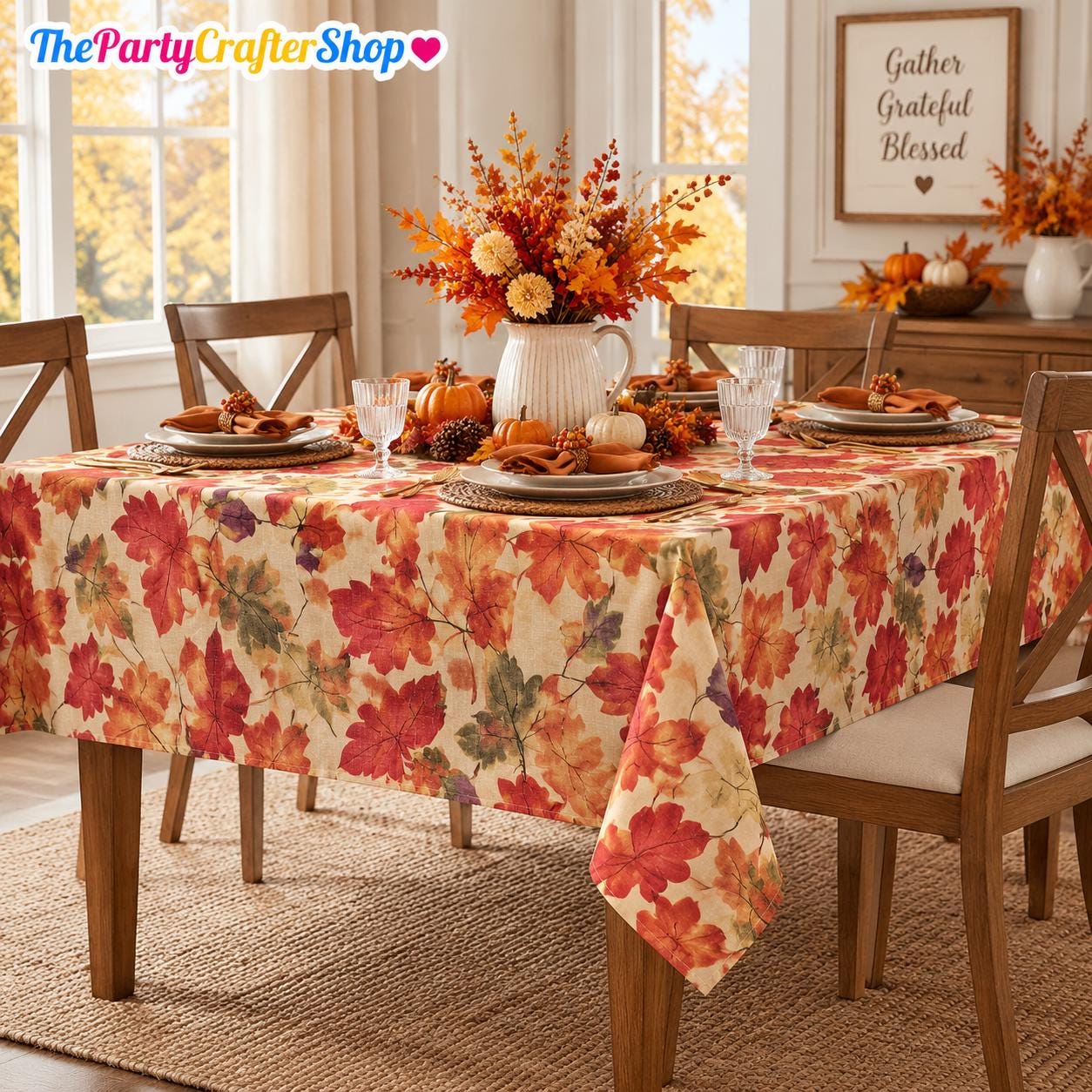 Harvest Festival Tablecloth, Autumn Leaf Print, 60x144 Inch Polyester Dining Cover