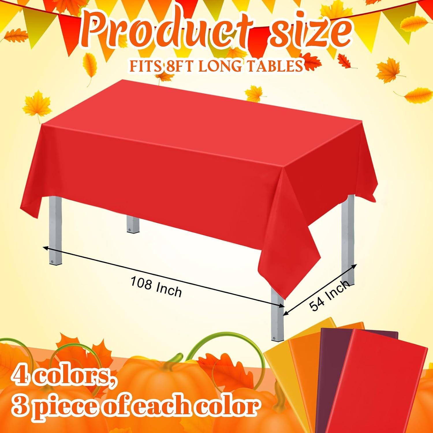 12pc Fall Plastic Tablecloth Set, Orange Yellow Red Brown, 54x108 Inch Waterproof Covers (Thanksgiving Harvest Party Decor)