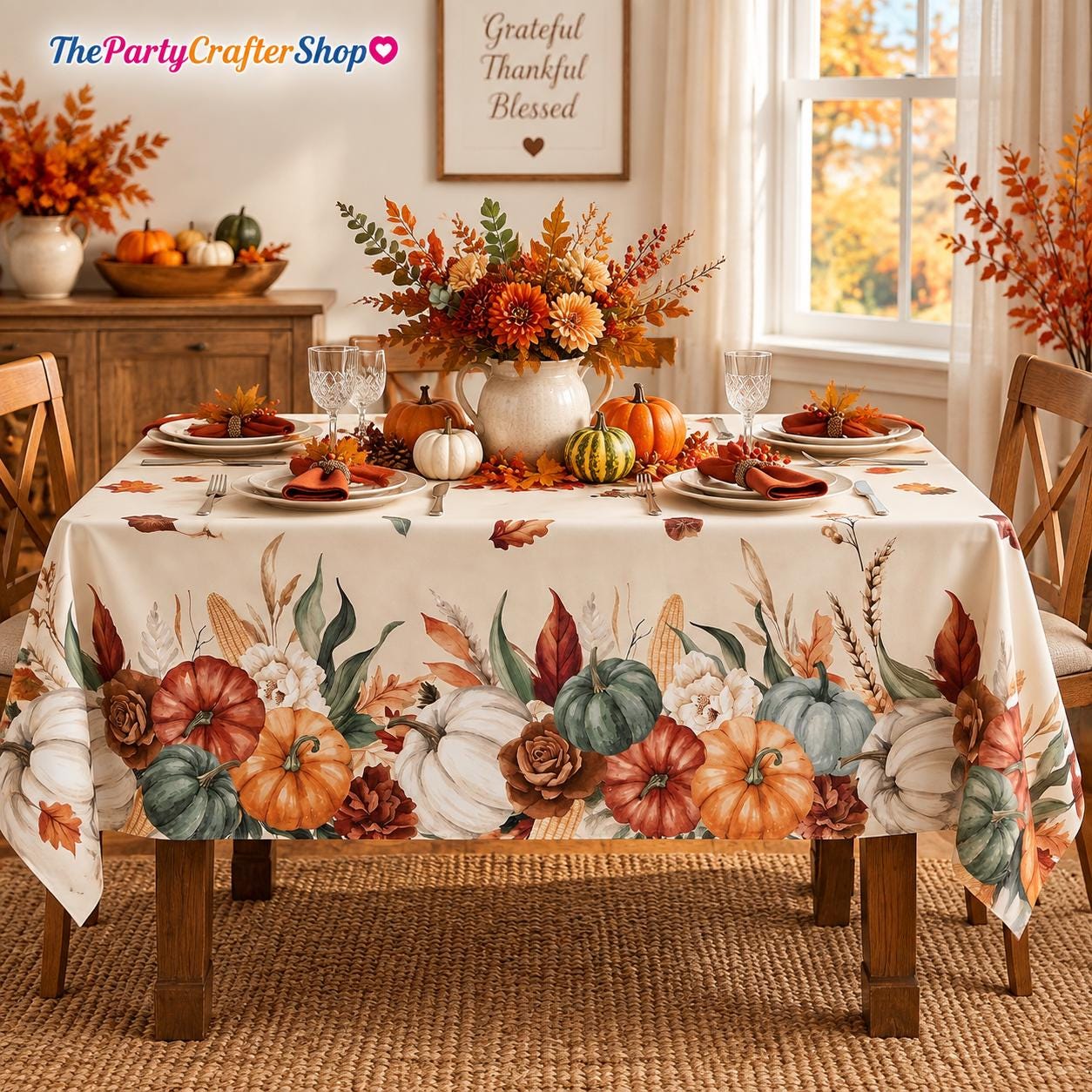 Fall Harvest Vinyl Tablecloth, Pumpkin Corn Design, Waterproof Dining Cover (60x84 Inch)