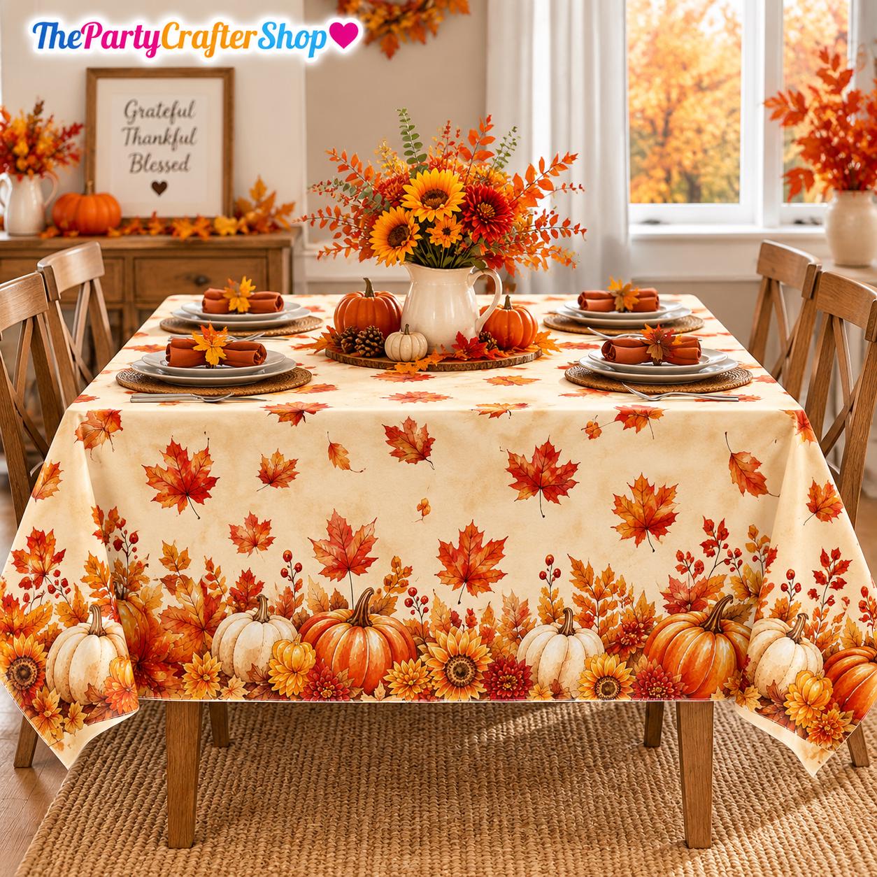 3pc Thanksgiving Tablecloth Set, 54x108 Inch Maple Leaf Pumpkin Covers (Disposable)