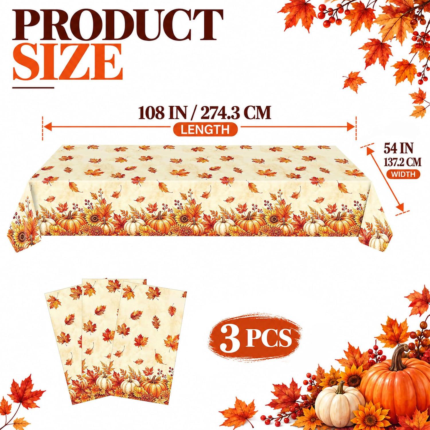 3pc Thanksgiving Tablecloth Set, 54x108 Inch Maple Leaf Pumpkin Covers (Disposable)