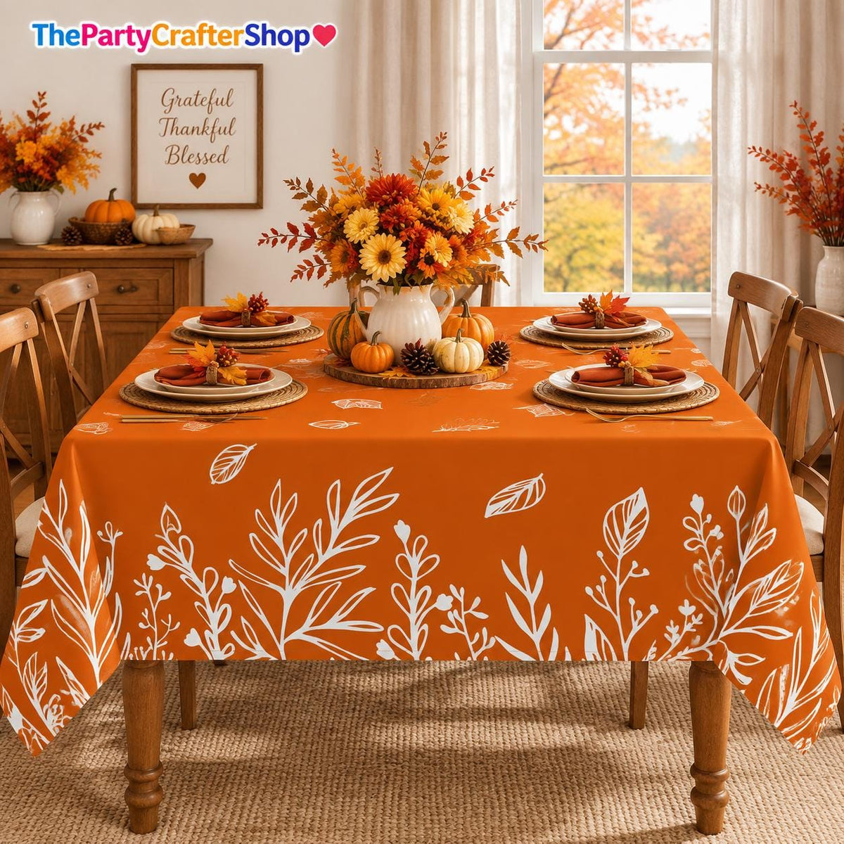 Orange Fall Floral Tablecloth, Washable Autumn Leaves Pattern (60x84 Inch)
