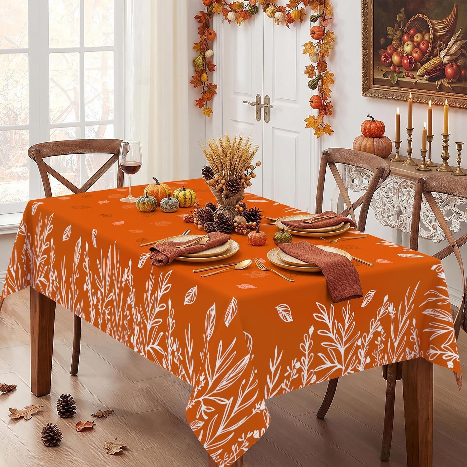 Orange Fall Floral Tablecloth, Washable Autumn Leaves Pattern (60x84 Inch)