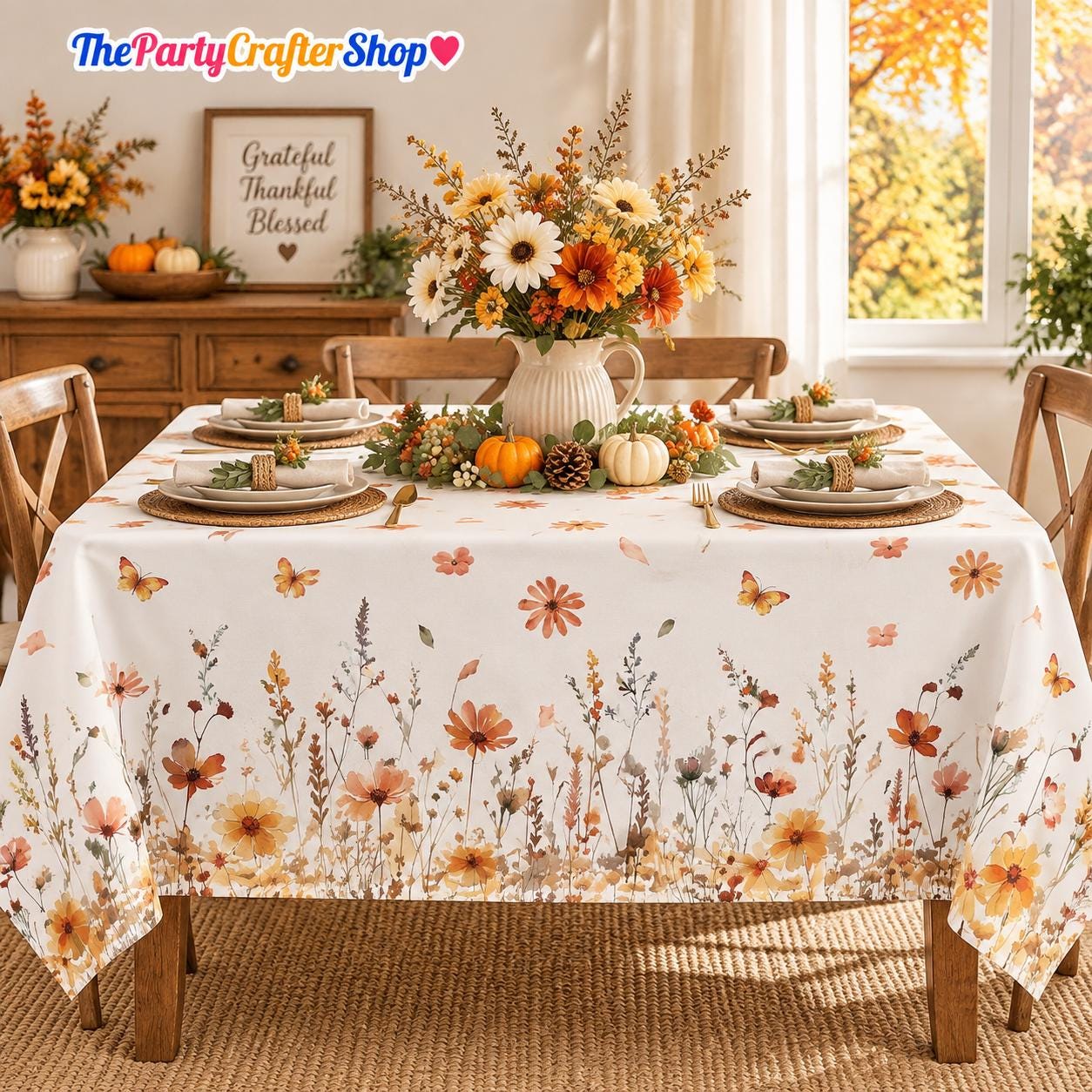 3pc Fall Floral Plastic Tablecloth Set, 54x108 Inch Wildflower Covers (Disposable)