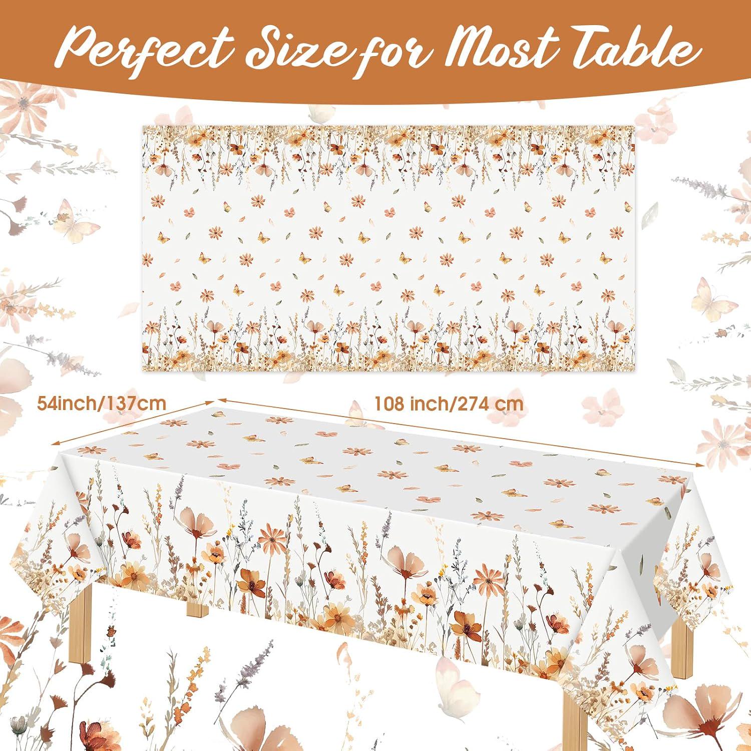 3pc Fall Floral Plastic Tablecloth Set, 54x108 Inch Wildflower Covers (Disposable)