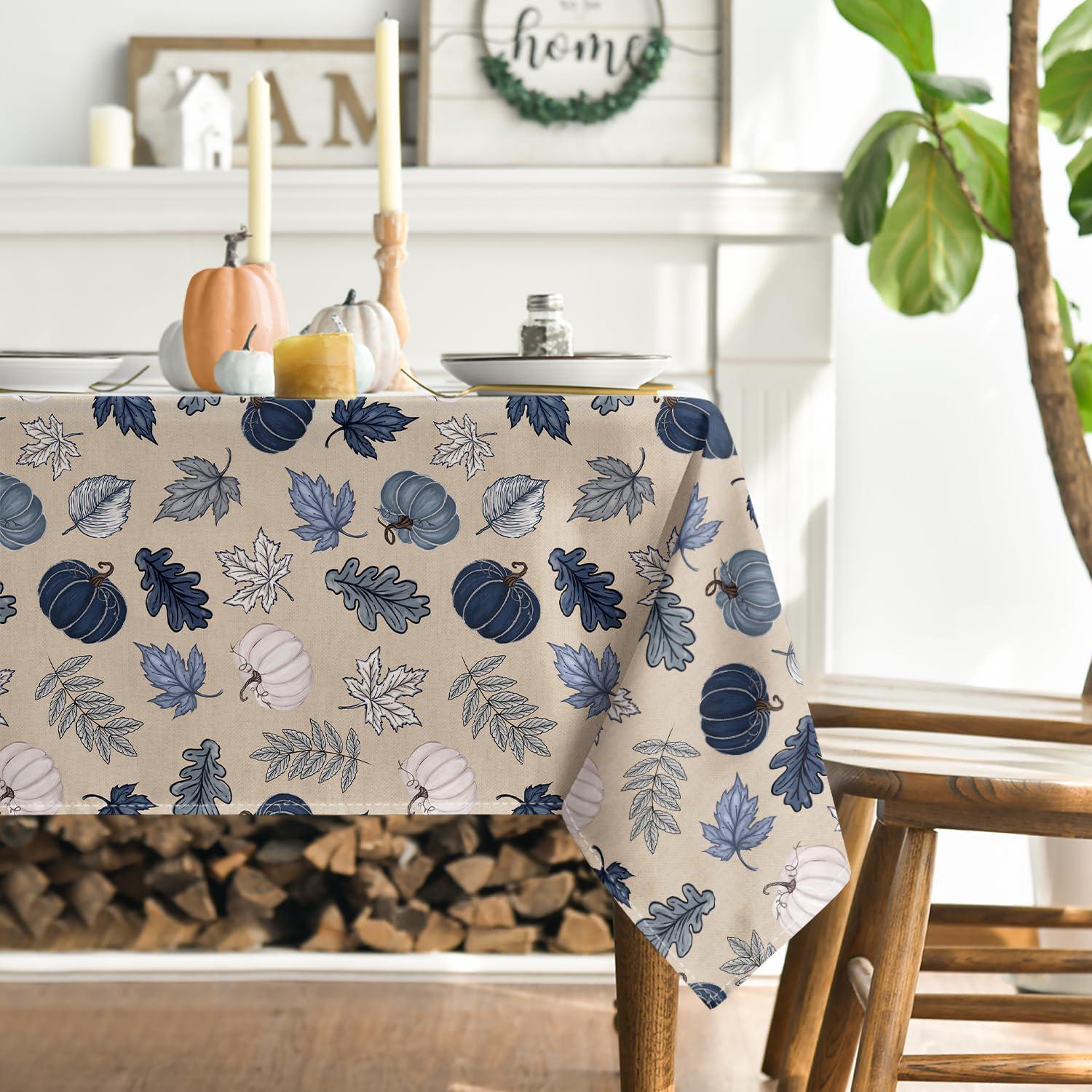 Blue Pumpkin Maple Leaf Tablecloth, Autumn Seasonal Party Decor (60x84 Inch)