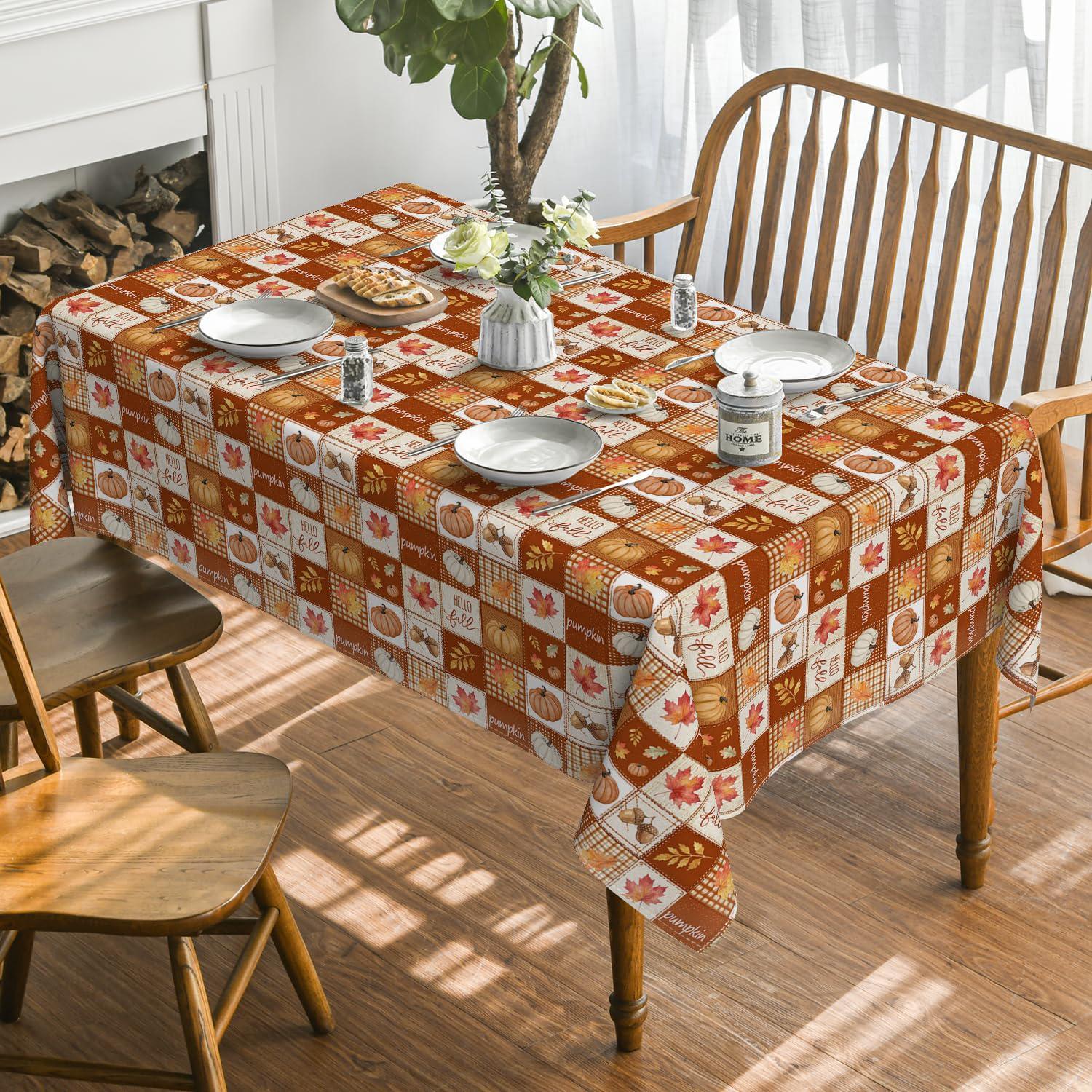 Autumn Patchwork Tablecloth, Maple Leaf Pumpkin Design, Washable Polyester (52x70 Inch)