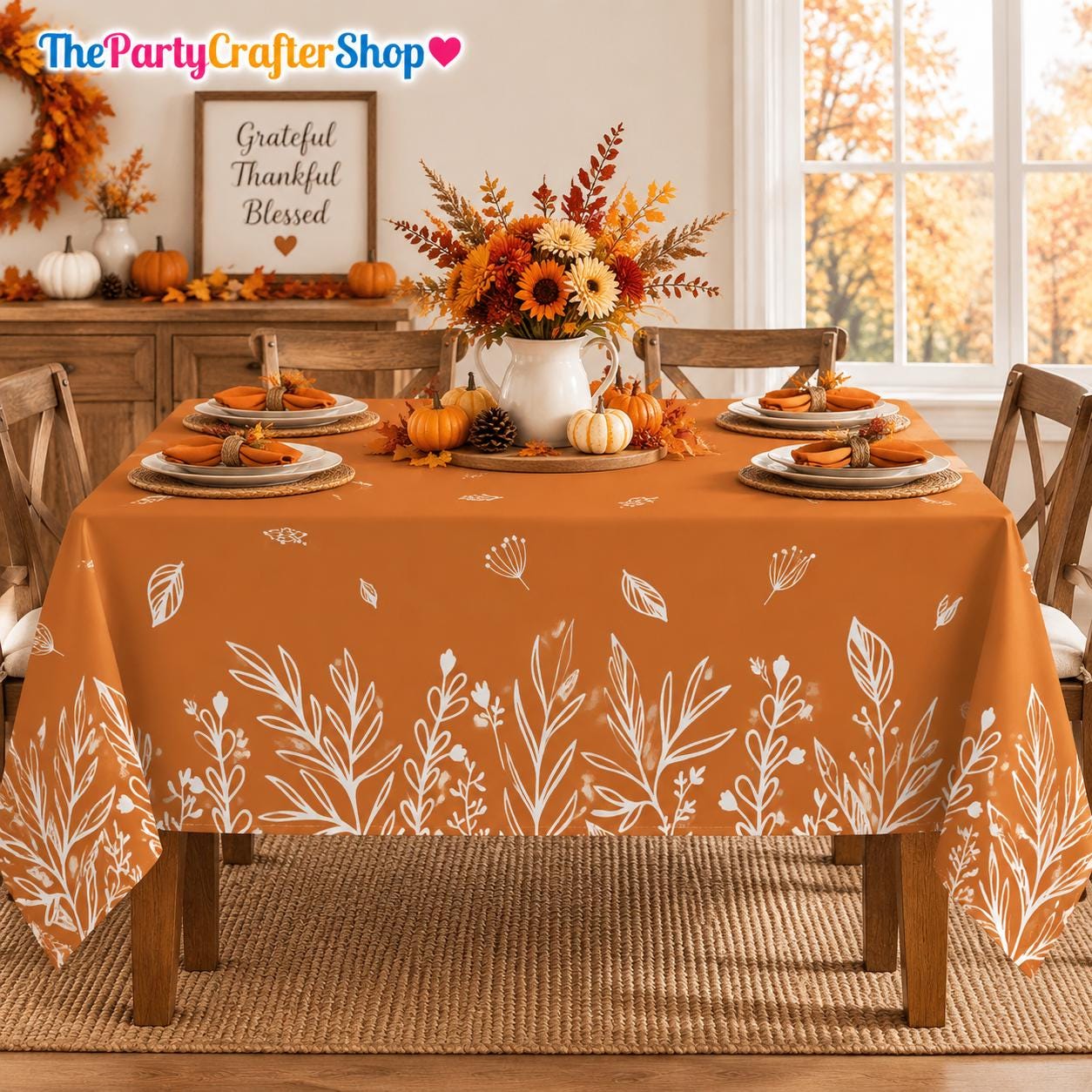 60x84 Inch Autumn Floral Tablecloth, Washable Polyester Dinner Decor