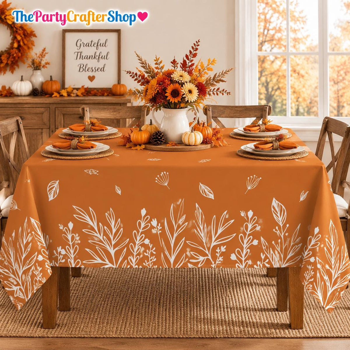 60x84 Inch Autumn Floral Tablecloth, Washable Polyester Dinner Decor