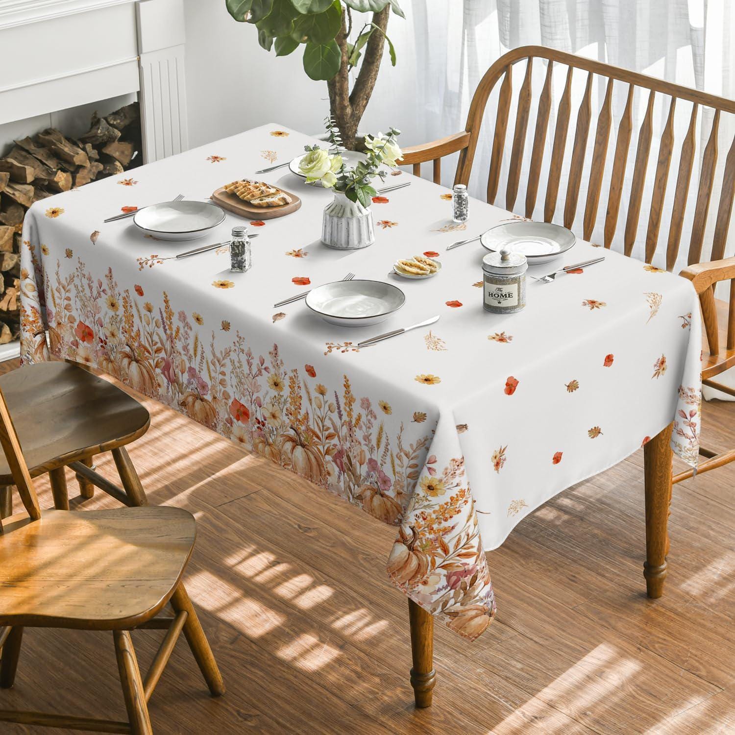 Watercolor Autumn Tablecloth, Floral Pumpkin Maple Leaf Design (60x84 Inch)