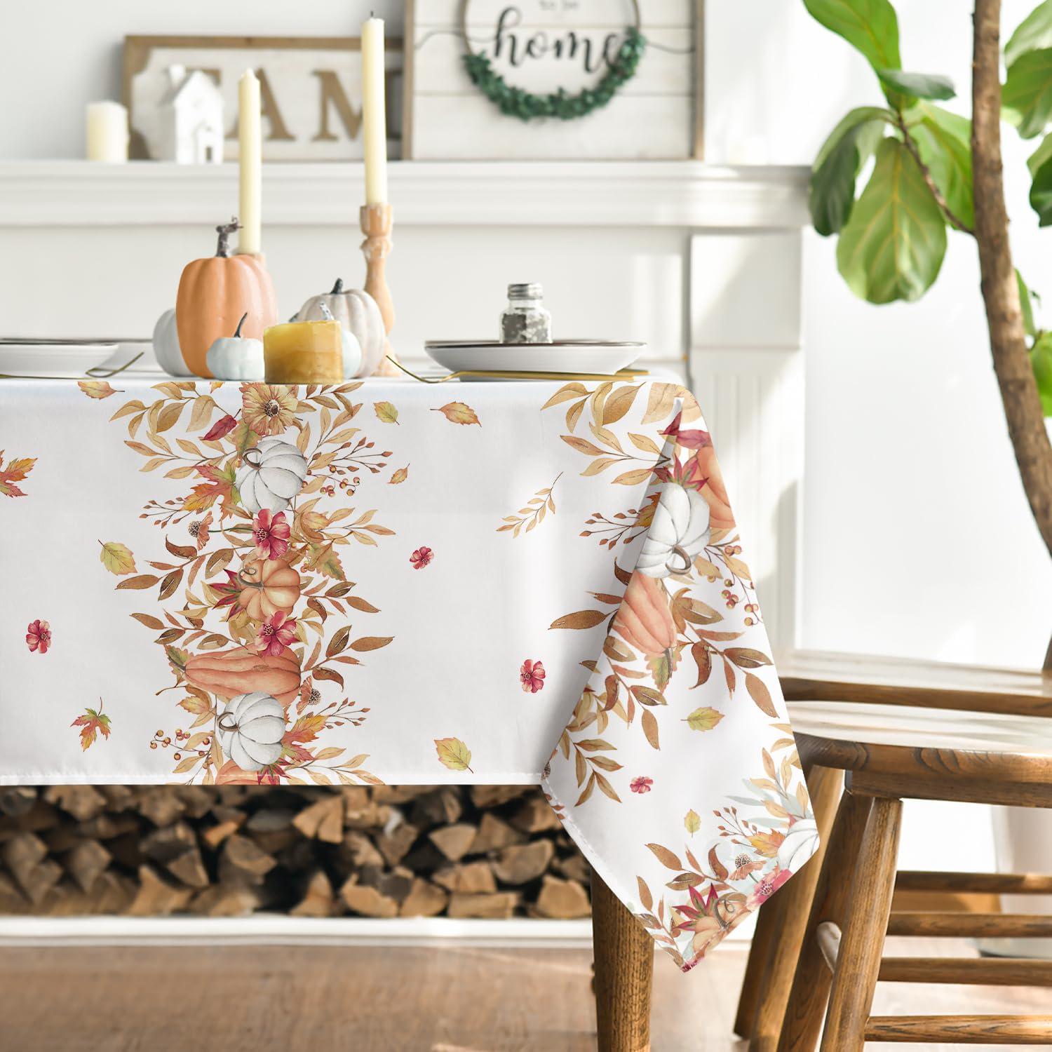Autumn Floral Tablecloth, Pumpkin Maple Leaf Design, 60x84 Inch Polyester Cover