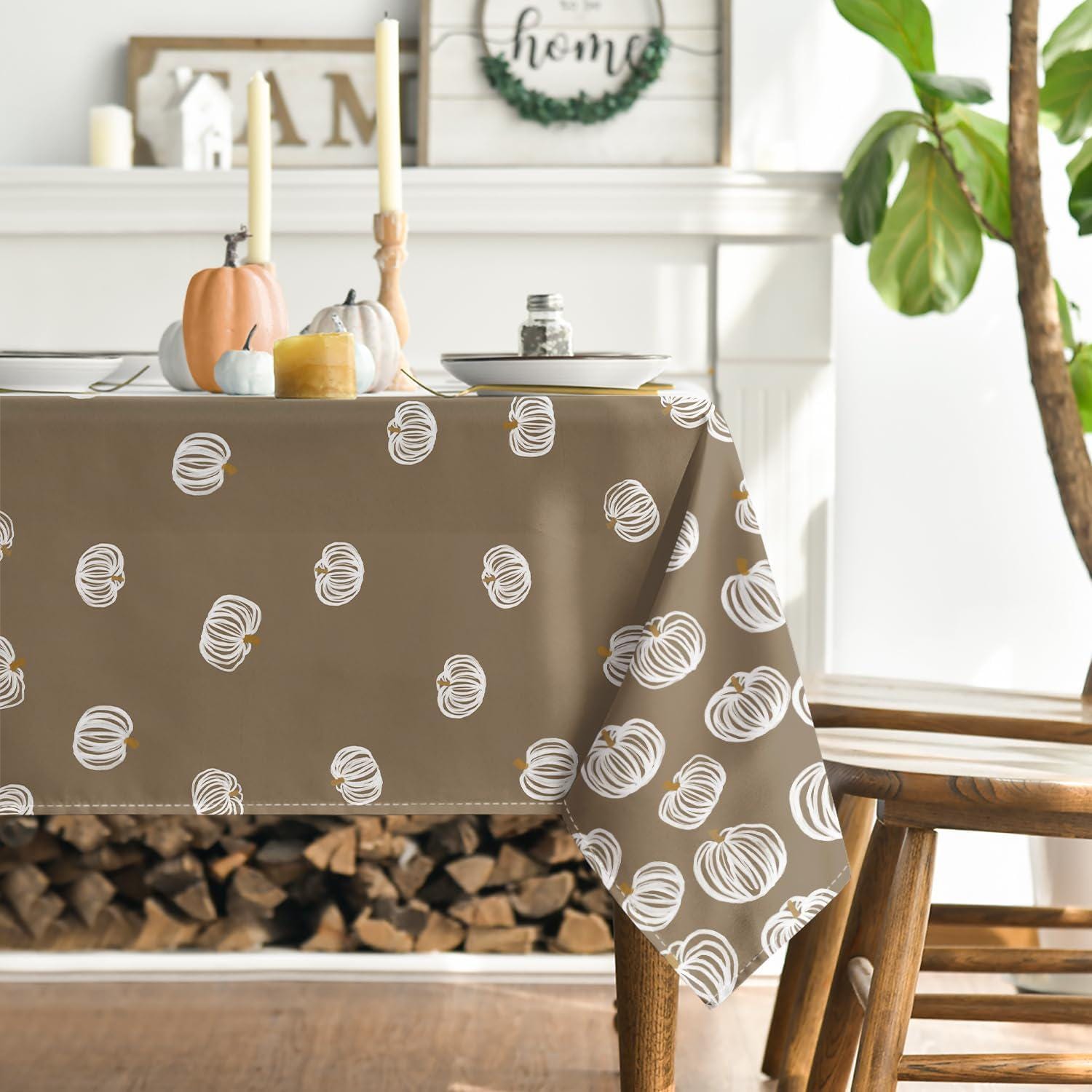Pumpkin Print Tablecloth, Brown White Autumn Harvest Decor (60x84 Inch)