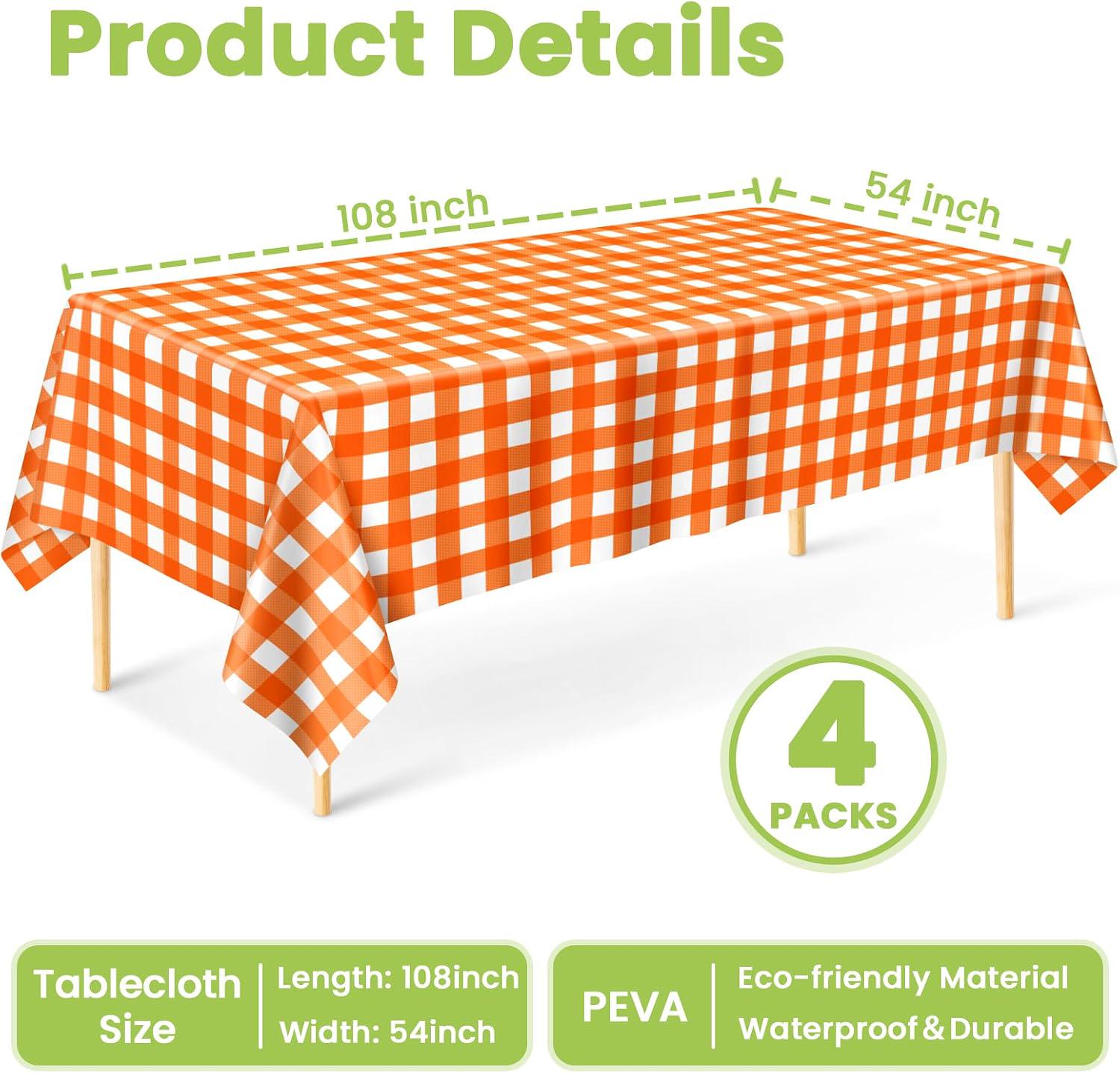 4pc Orange Gingham Tablecloth Set, Fall Plaid PEVA Covers (54x108 Inch)