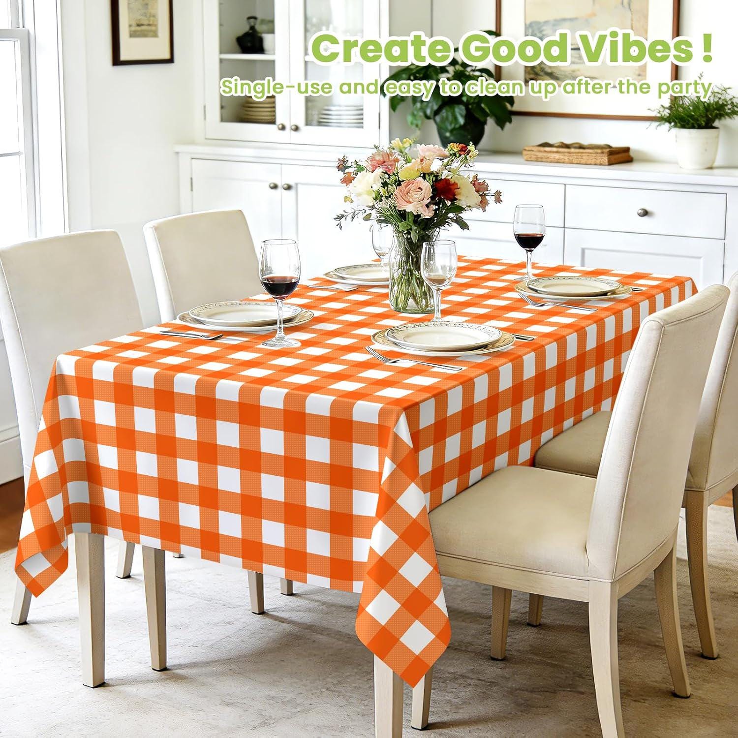 4pc Orange Gingham Tablecloth Set, Fall Plaid PEVA Covers (54x108 Inch)