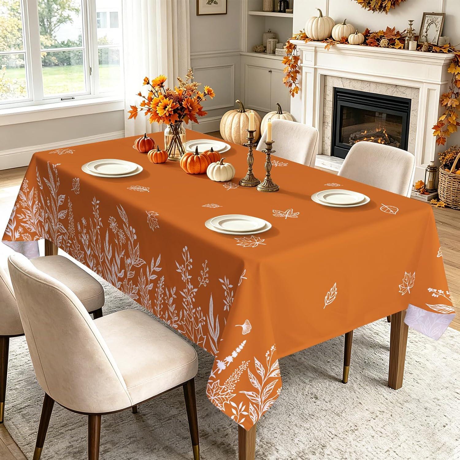 Fall Wildflower Tablecloth, Orange Autumn Leaf Polyester Cover (60x84 Inch)