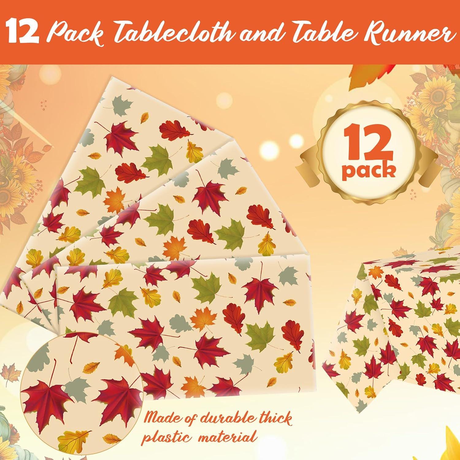 12pc Fall Maple Leaf Tablecloth Set, 54x108 Inch Disposable Covers (Thanksgiving Party Decor)