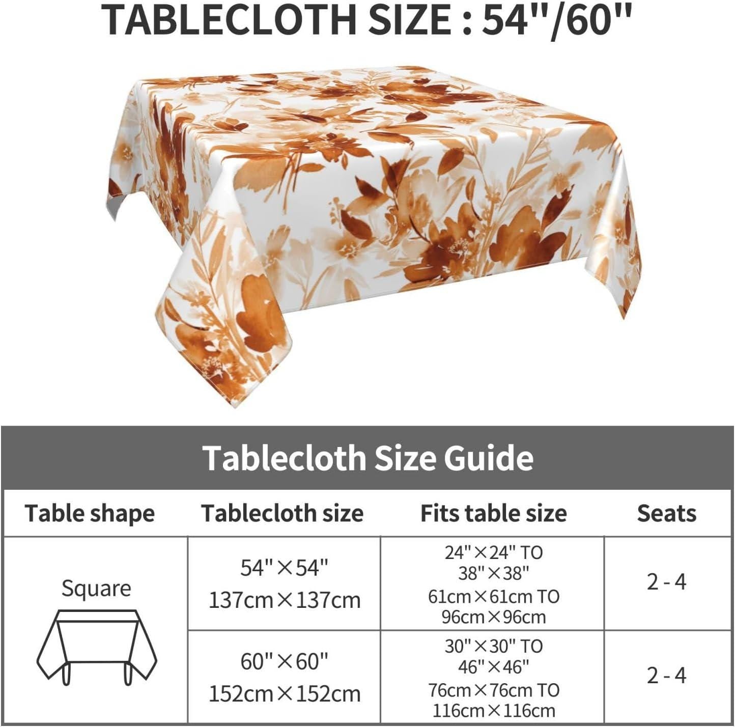 Burnt Orange Watercolor Floral Tablecloth, 54 Inch Square, Stain Resistant Polyester