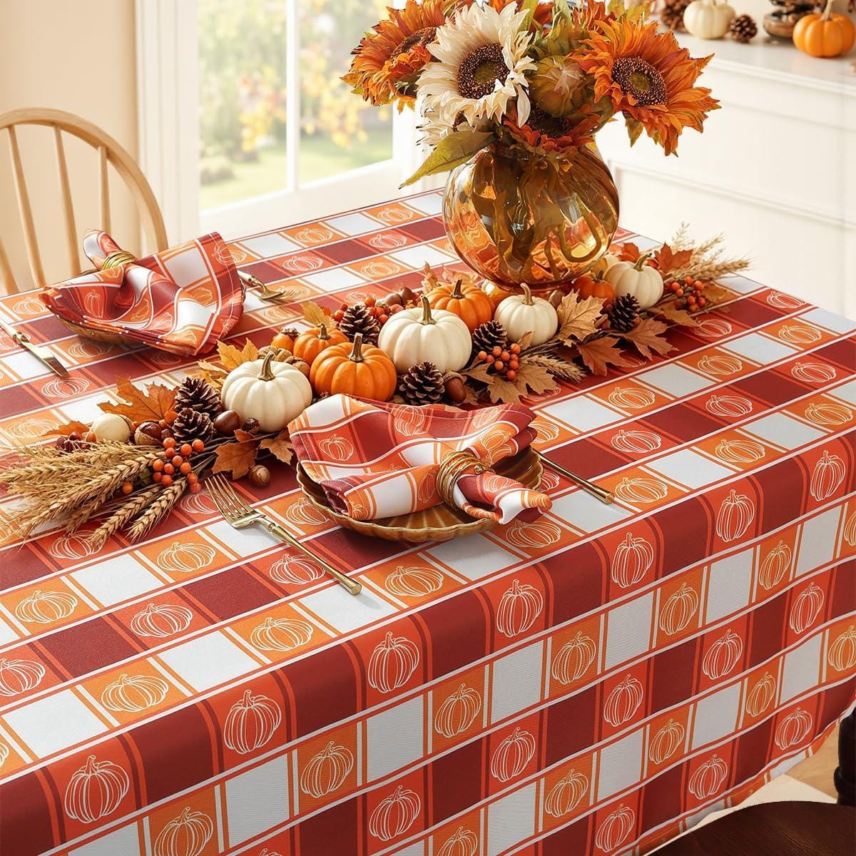 Fall Checkered Tablecloth, Pumpkin Harvest Design, Washable Polyester (52x70 Inch)