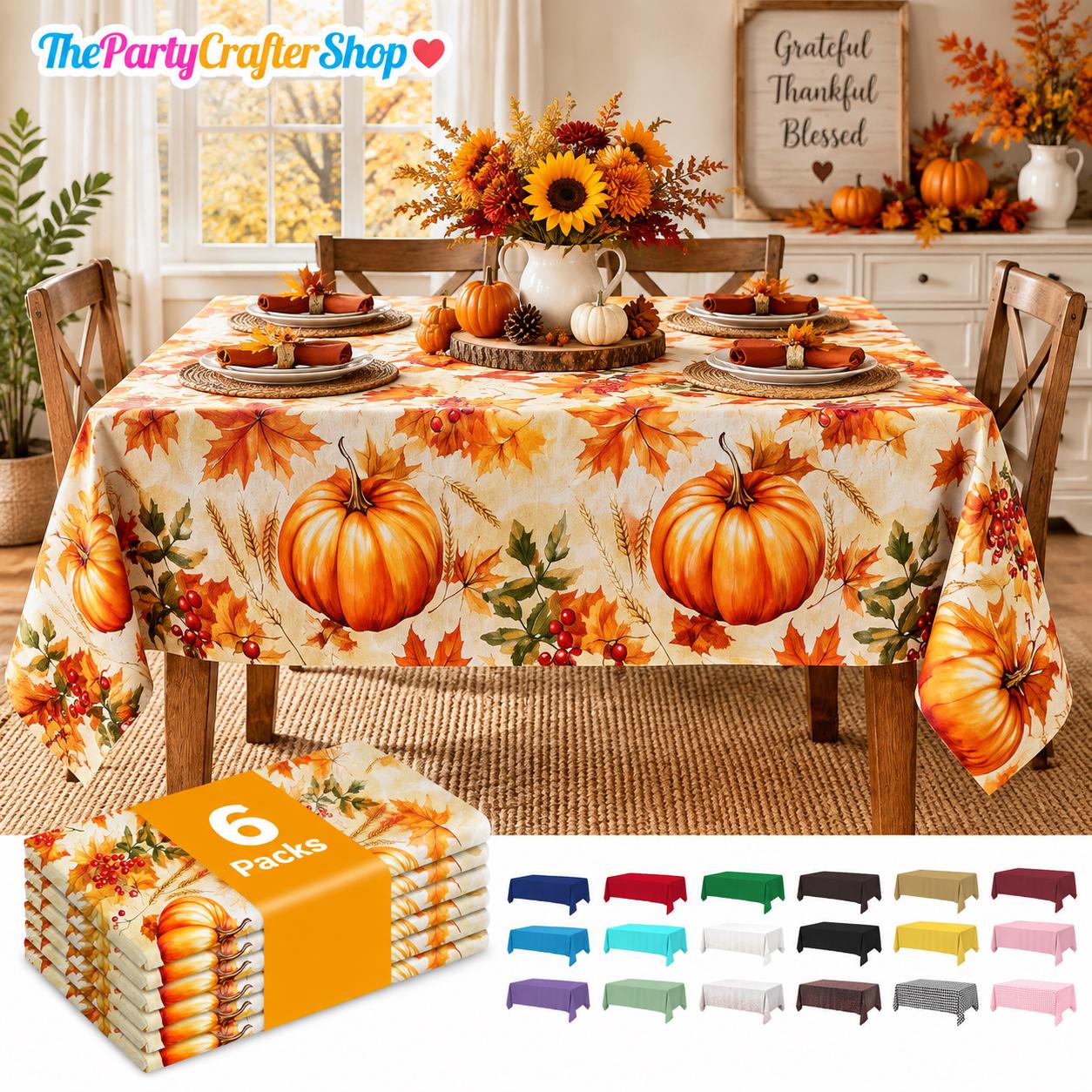 6pc Pumpkin Harvest Tablecloth Set, 54x108 Inch Plastic Covers (Fall Party Decor)