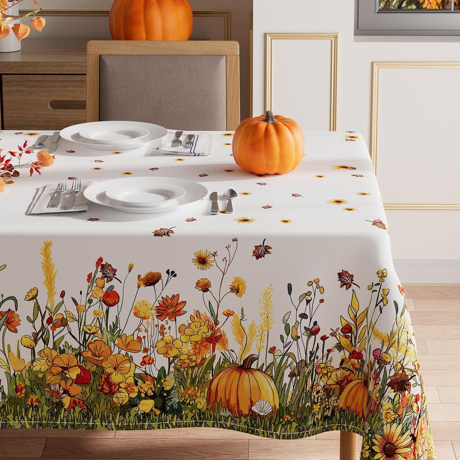 Fall Wildflower Pumpkin Tablecloth, Washable Autumn Party Decor (60x84 Inch)