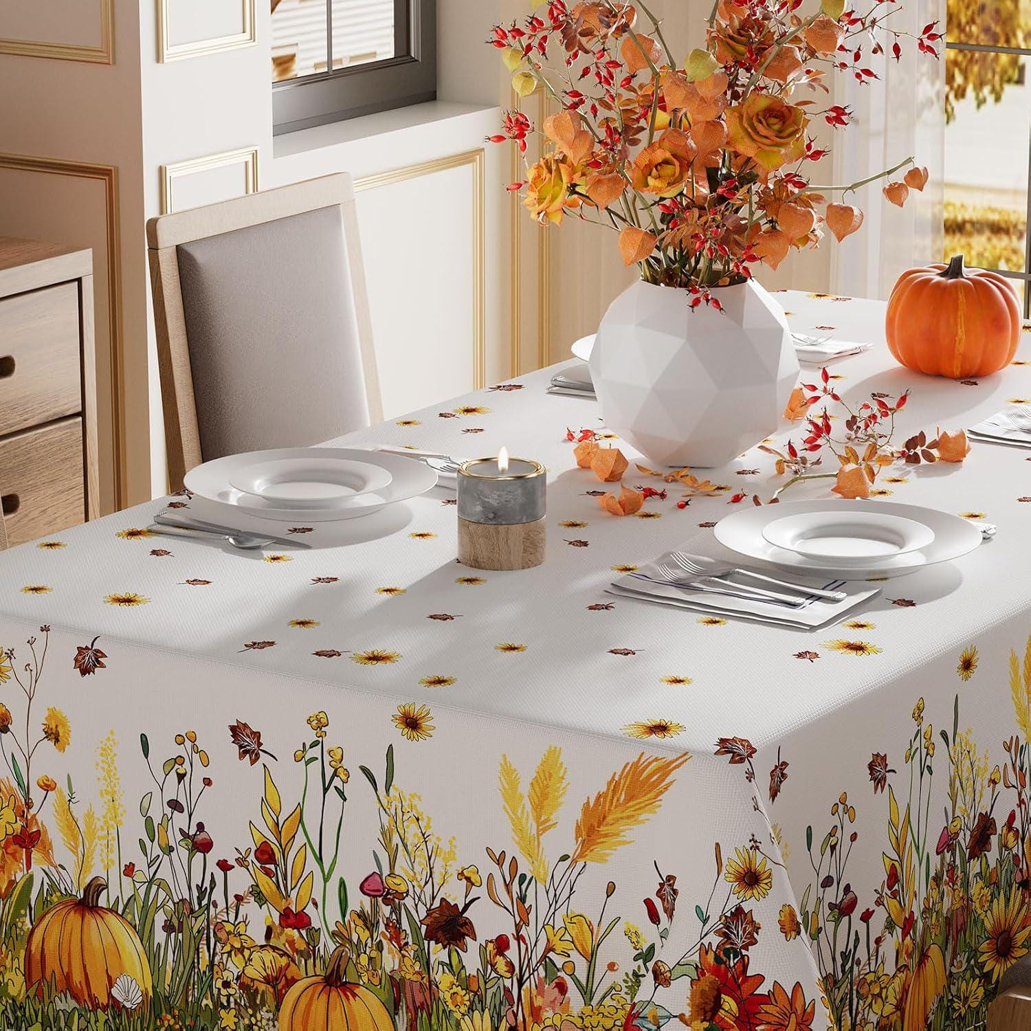 Fall Wildflower Pumpkin Tablecloth, Washable Autumn Party Decor (60x84 Inch)