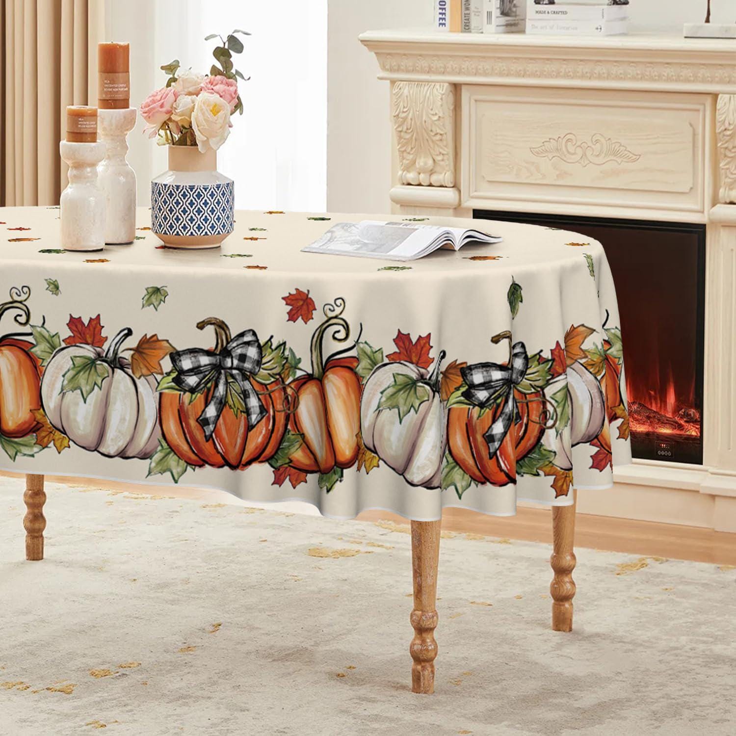 Fall Pumpkin Tablecloth, Maple Leaf Bow, Washable Polyester (60x84 Inch)