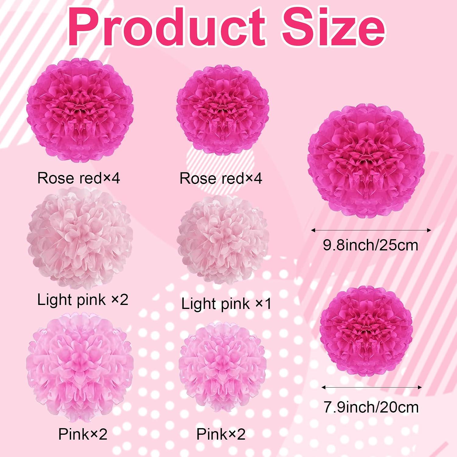 15PCS Pink Tissue Pom Poms, Layered Paper Flower Balls (9.8" & 7.9")