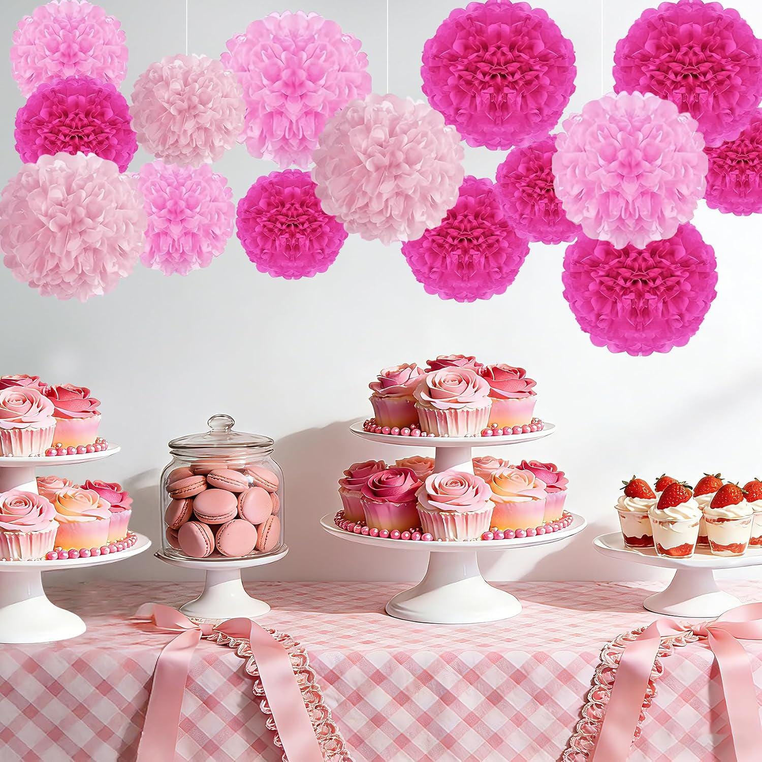 15PCS Pink Tissue Pom Poms, Layered Paper Flower Balls (9.8" & 7.9")