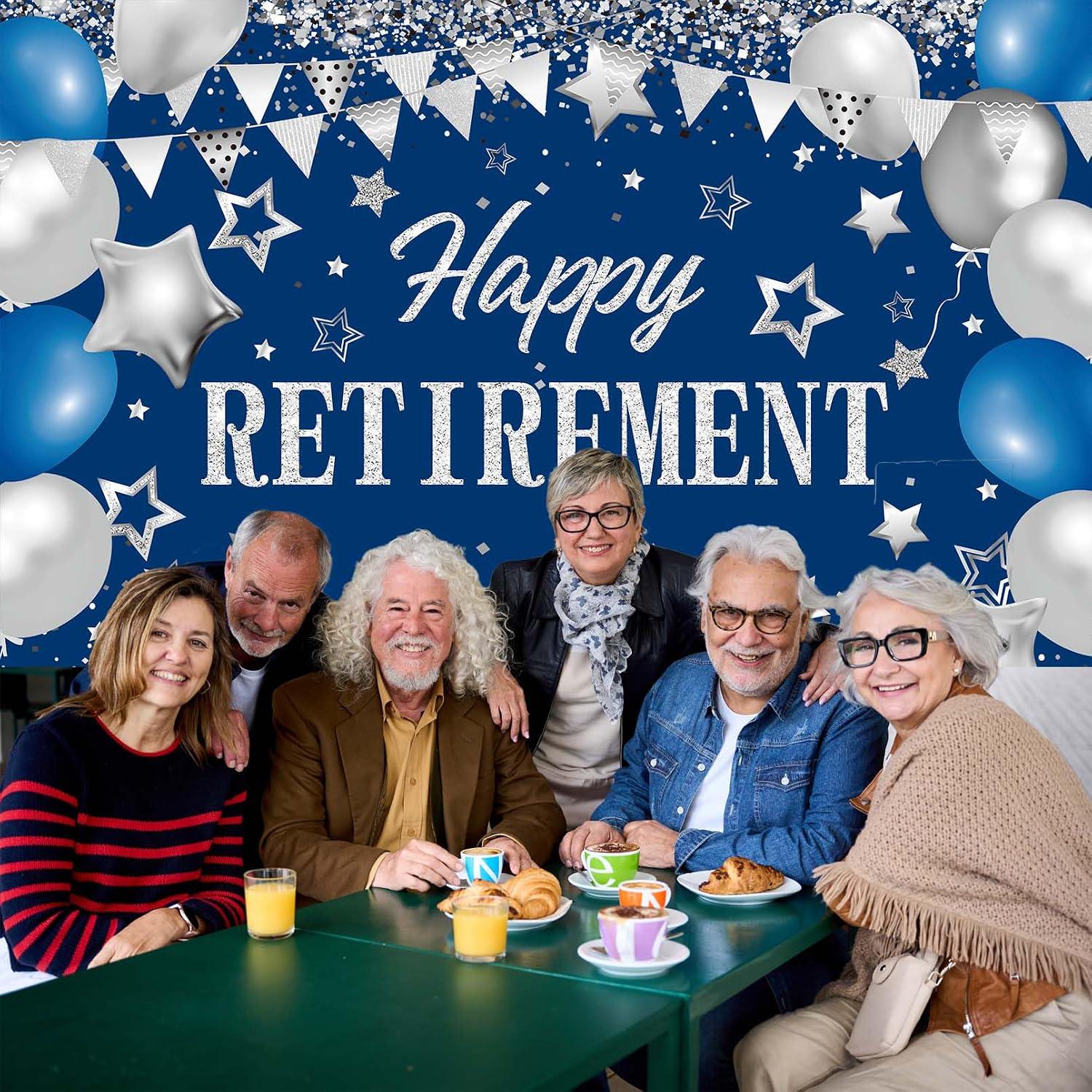 Blue Silver Retirement Party Backdrop, Large Photo Booth Sign (71" x 43.3")