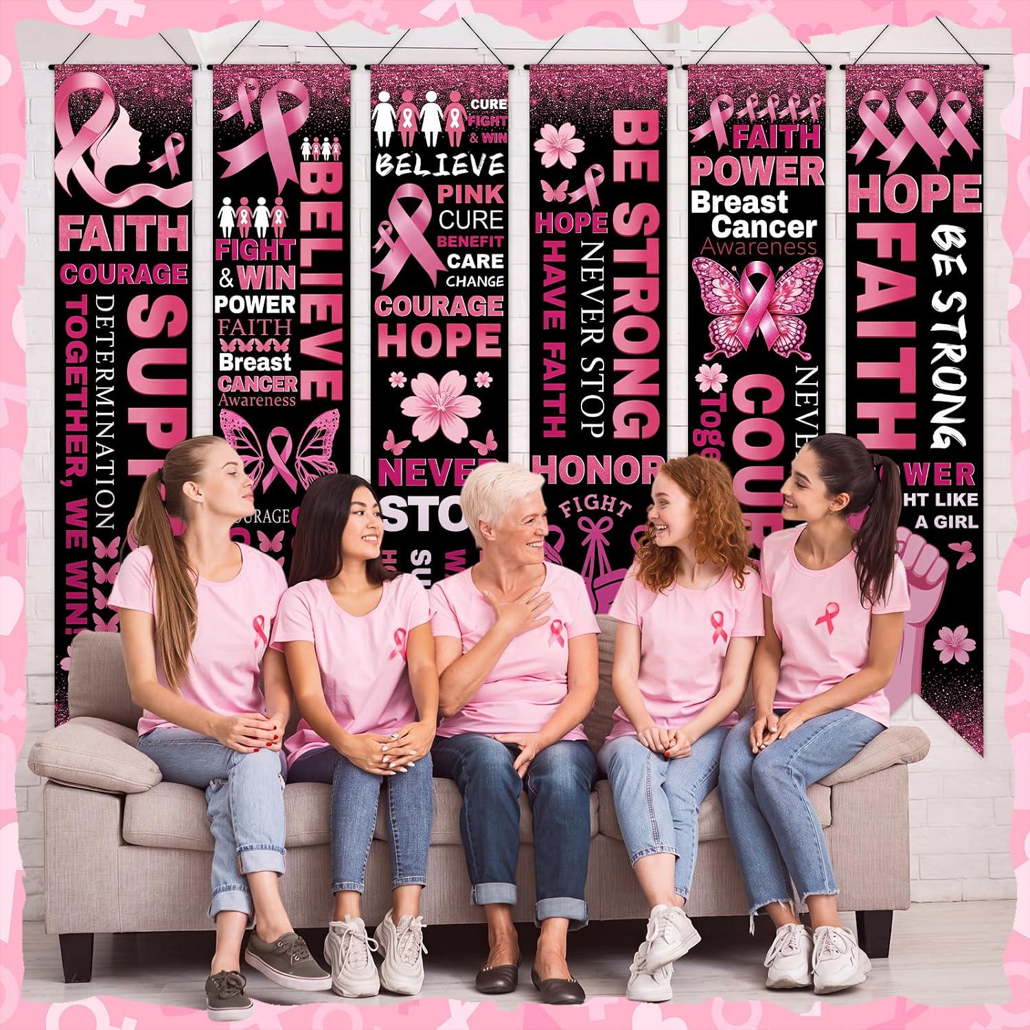 61 Inch Pink Ribbon Breast Cancer Awareness Banners, October Decor (6 Pcs)