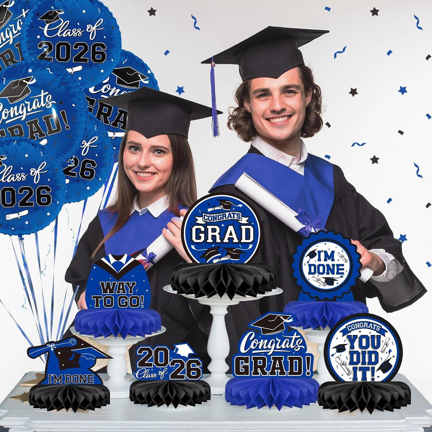 Class of 2026 Graduation Honeycomb Centerpieces, Blue Black Table Decor (9PCS)