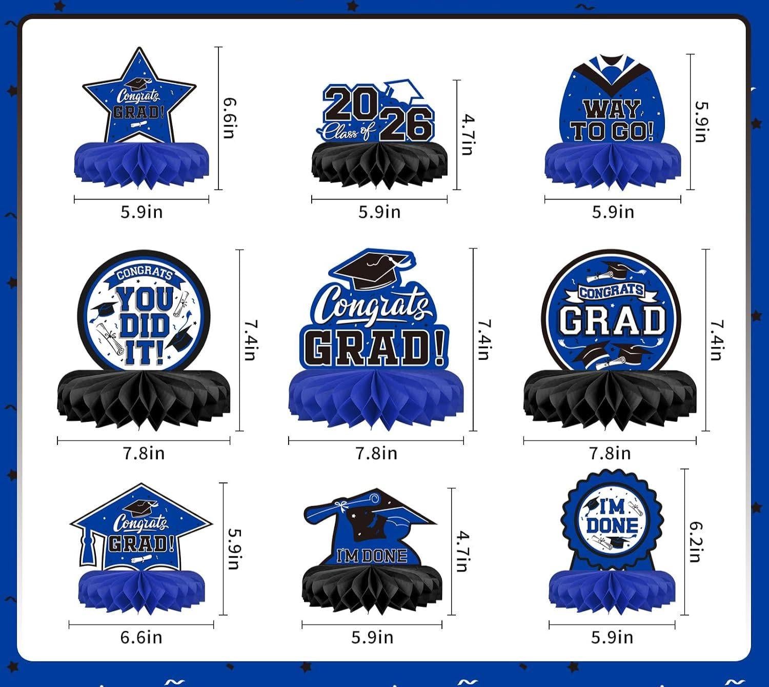 Class of 2026 Graduation Honeycomb Centerpieces, Blue Black Table Decor (9PCS)