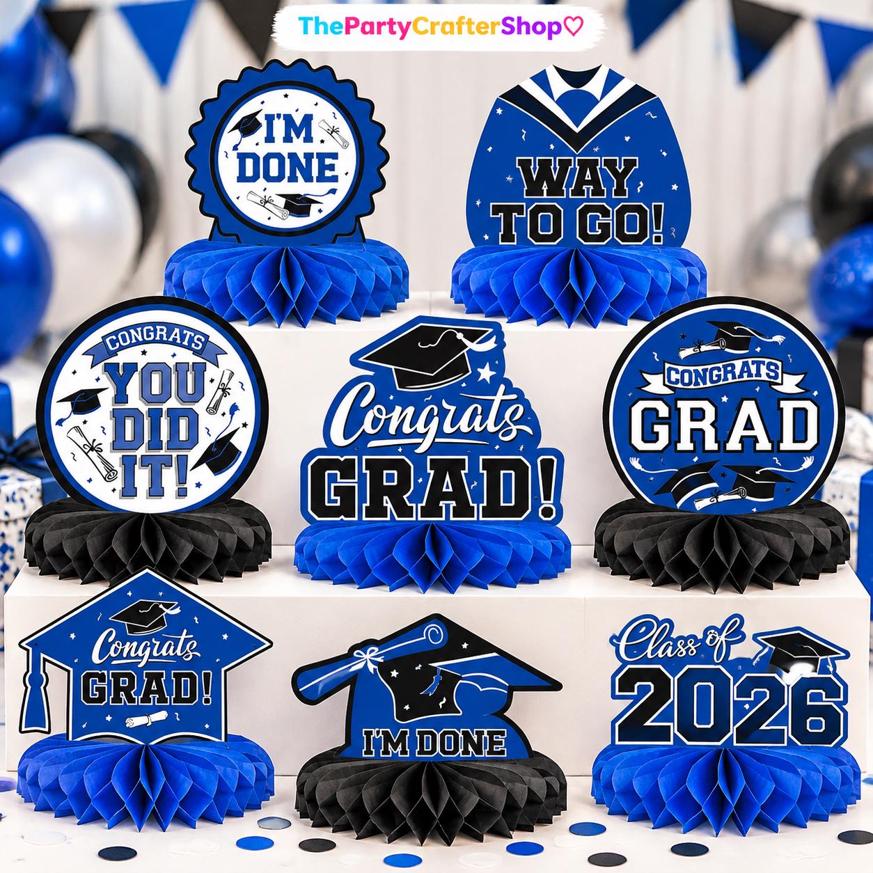 Class of 2026 Graduation Honeycomb Centerpieces, Blue Black Table Decor (9PCS)
