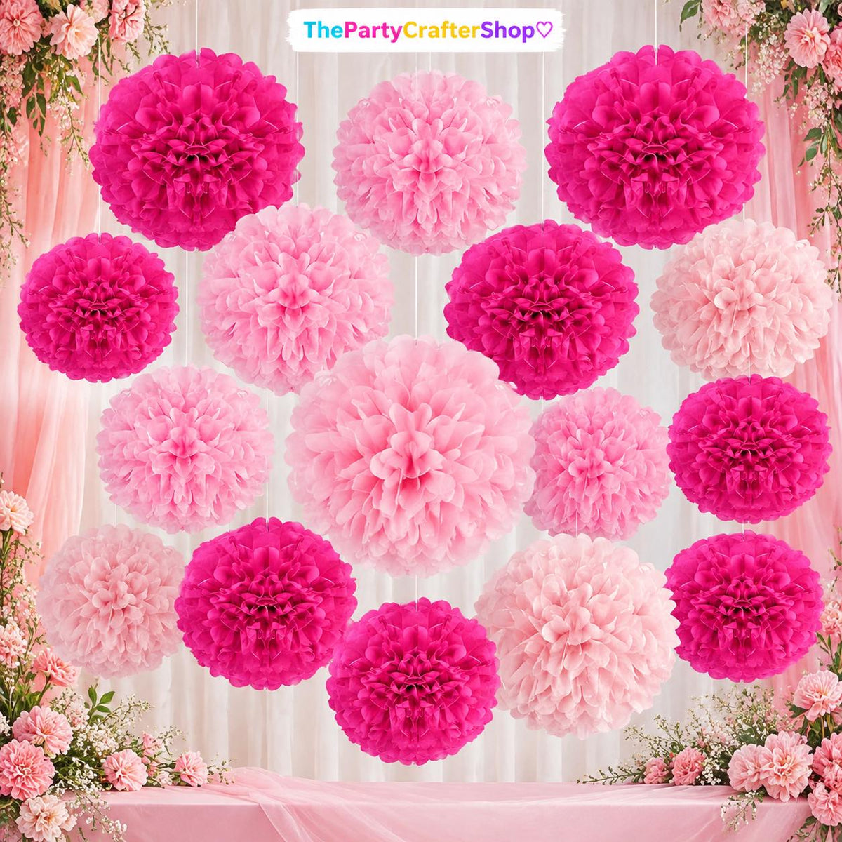 15PCS Pink Tissue Pom Poms, Layered Paper Flower Balls (9.8" & 7.9")