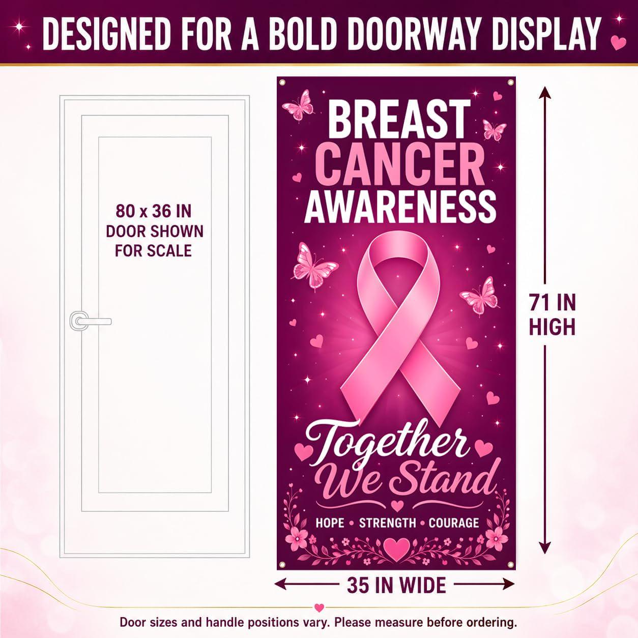 Breast Cancer Awareness Door Banner, Pink Ribbon Polyester, 71x35 Inch (October Fundraiser Decor)