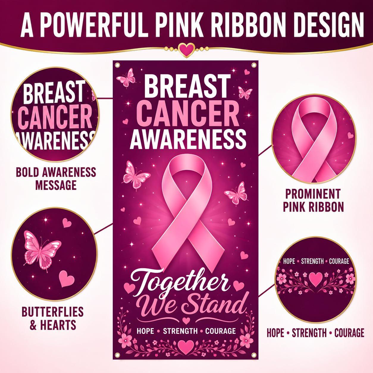 Breast Cancer Awareness Door Banner, Pink Ribbon Polyester, 71x35 Inch (October Fundraiser Decor)