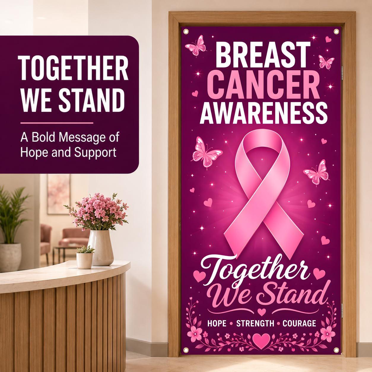 Breast Cancer Awareness Door Banner, Pink Ribbon Polyester, 71x35 Inch (October Fundraiser Decor)